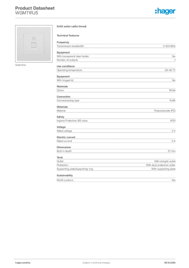 Image Hager Product data sheet WGMT1RJ5  | Hager