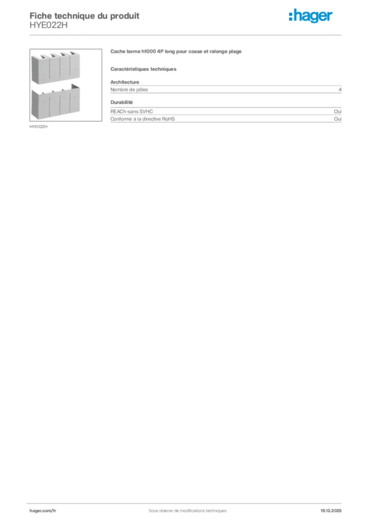 Image Hager Fiche technique du produit HYE022H | Hager France