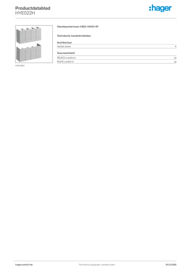 Afbeelding Hager Productdatablad HYE022H | Hager Belgium
