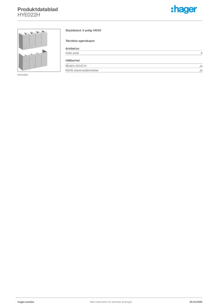 Bild Hager Produktdatablad HYE022H | Hager Sverige