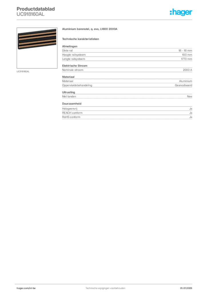Afbeelding Hager Productdatablad UC918160AL | Hager Belgium