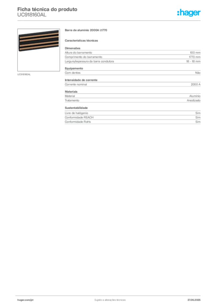 Imagem Hager Ficha técnica do produto UC918160AL | Hager Portugal