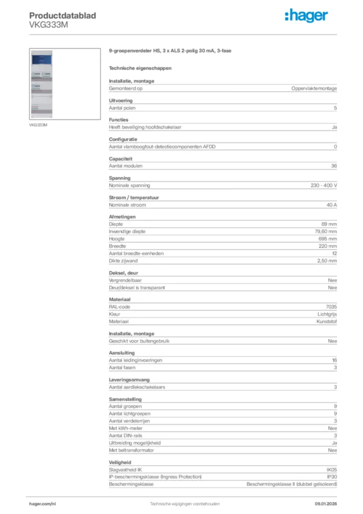Afbeelding Hager Productdatablad VKG333M | Hager Nederland