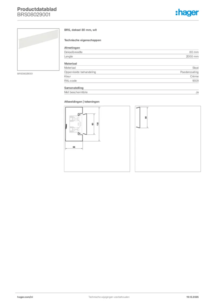 Afbeelding Hager Productdatablad BRS08029001 | Hager Nederland