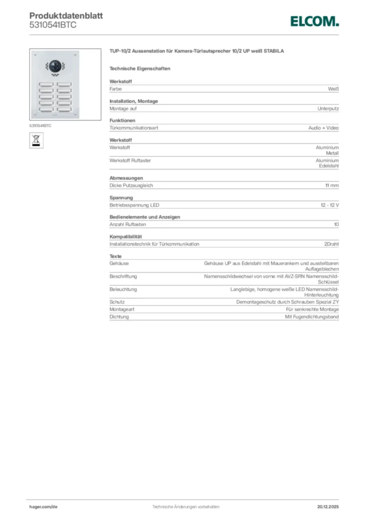 Bild Elcom Produktdatenblatt 5310541BTC | Hager Deutschland