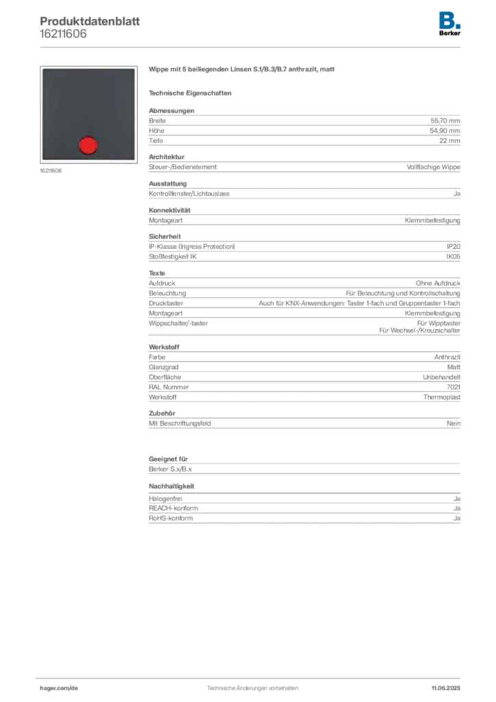 Bild Berker Produktdatenblatt 16211606 | Hager Deutschland