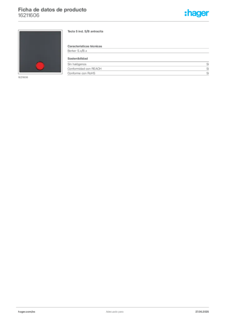 Imagen Hager Ficha de datos de producto 16211606 | Hager España