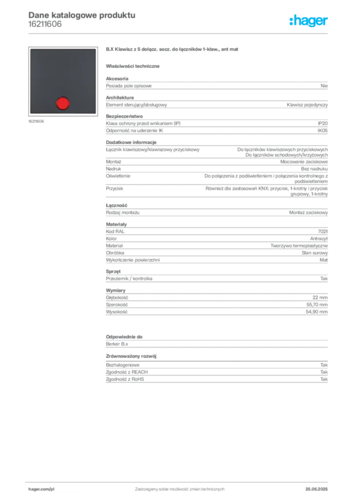 Zdjęcie Hager Karta katalogowa 16211606 | Hager Polska