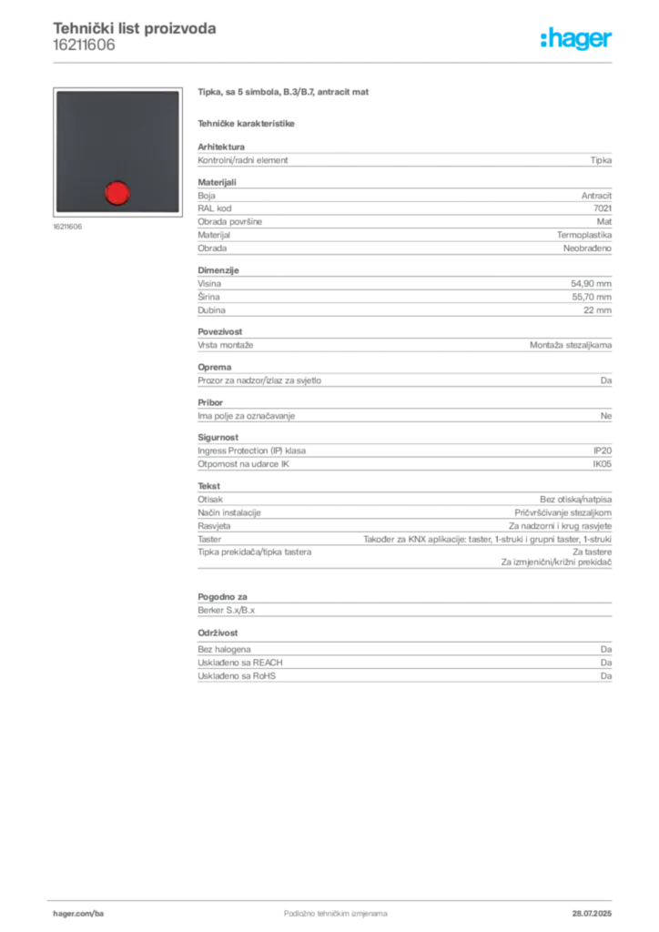 Slika Hager Product data sheet 16211606  | Hager