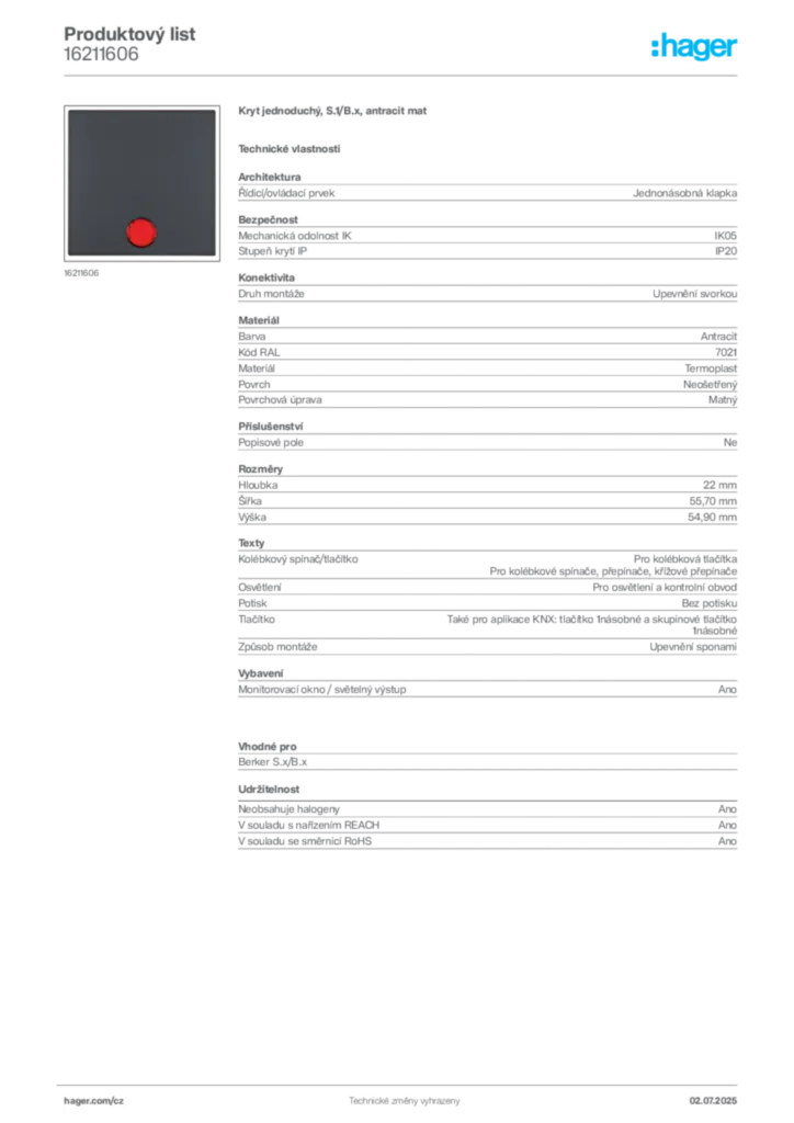 Obrázek Hager Produktový list 16211606 | Hager