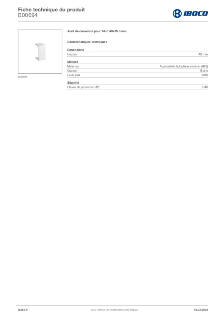 Image Iboco Fiche technique du produit B00694 | Hager France