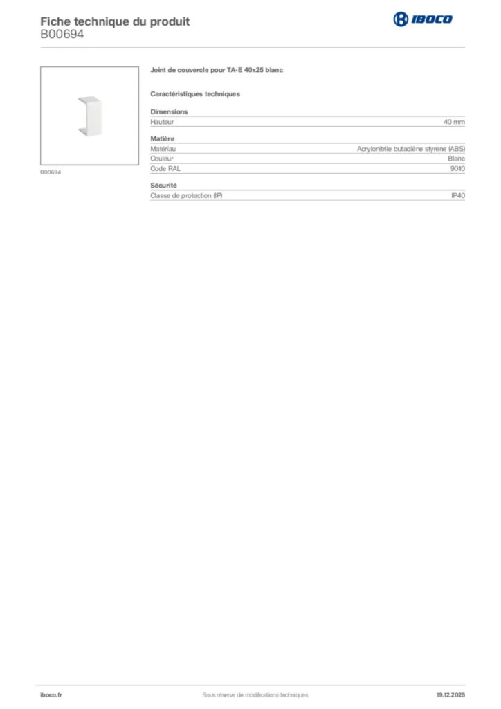 Image Iboco Fiche technique du produit B00694 | Hager France