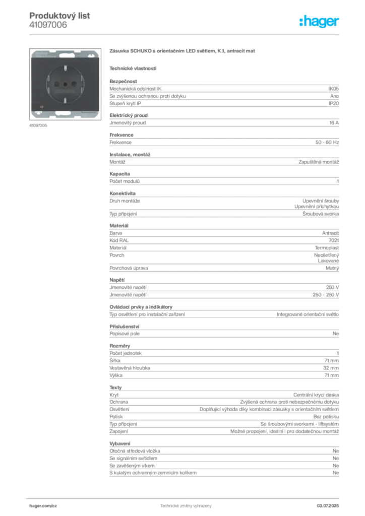 Obrázek Hager Produktový list 41097006 | Hager