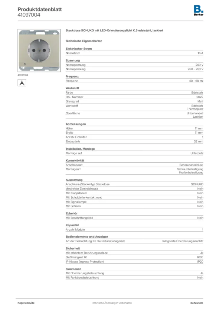 Bild Berker Produktdatenblatt 41097004 | Hager Deutschland