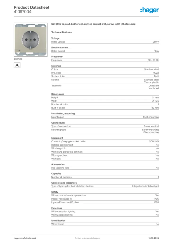 Image Hager Product data sheet 41097004  | Hager