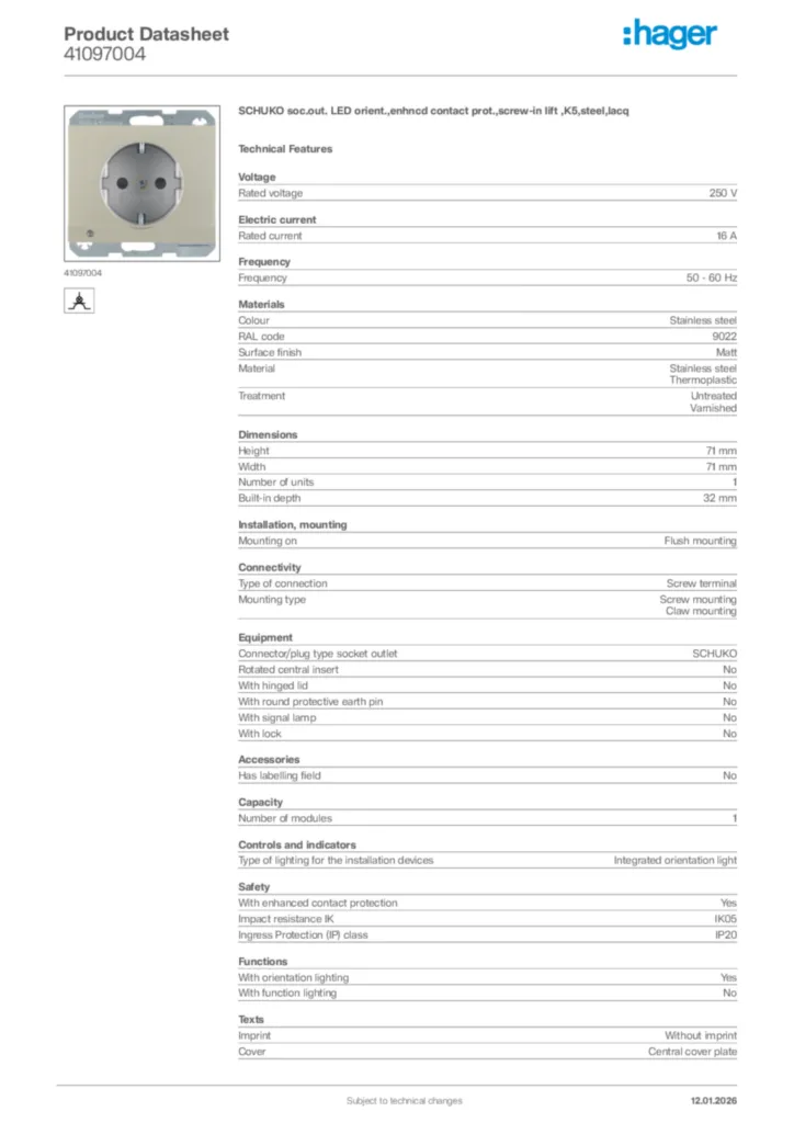 Image Hager Product data sheet 41097004  | Hager