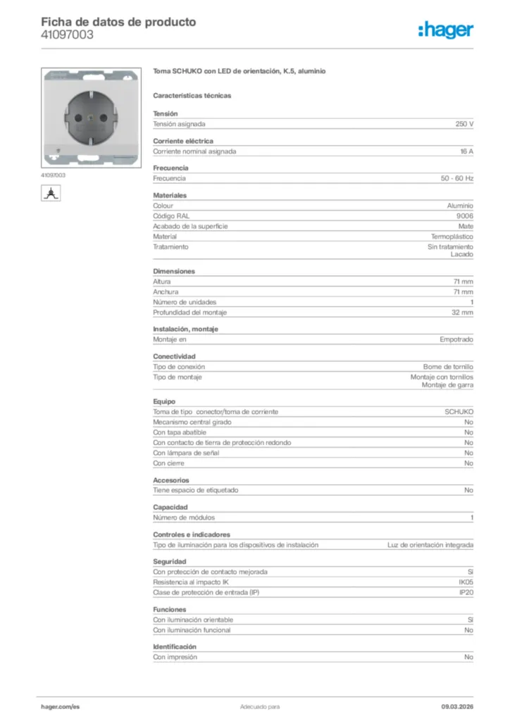 Imagen Hager Ficha de datos de producto 41097003 | Hager España