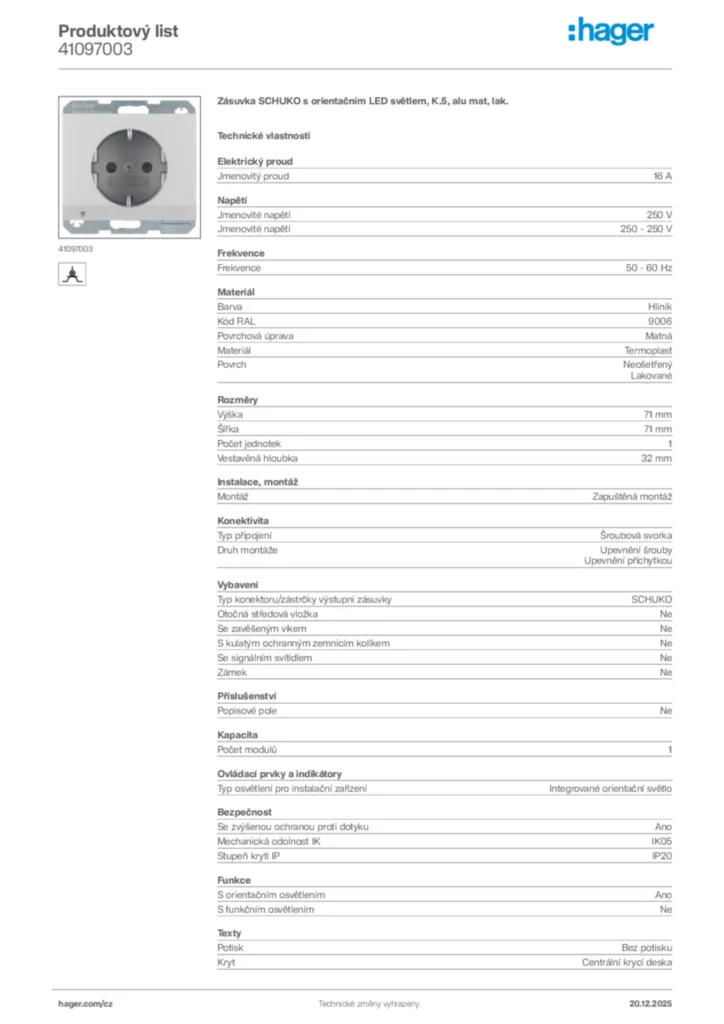 Obrázek Hager Produktový list 41097003 | Hager