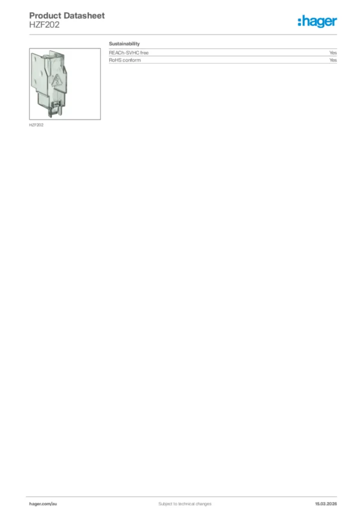 Image Hager Product data sheet HZF202  | Hager Australia