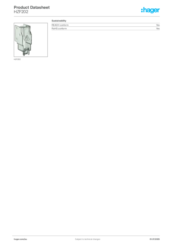 Image Hager Product data sheet HZF202  | Hager Australia