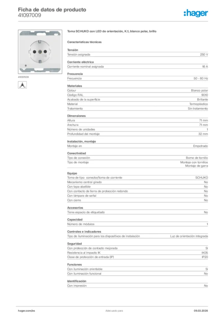 Imagen Hager Ficha de datos de producto 41097009 | Hager España
