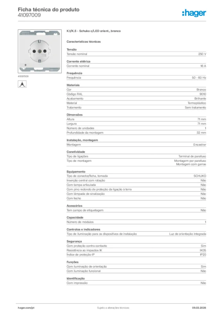 Imagem Hager Ficha técnica do produto 41097009 | Hager Portugal