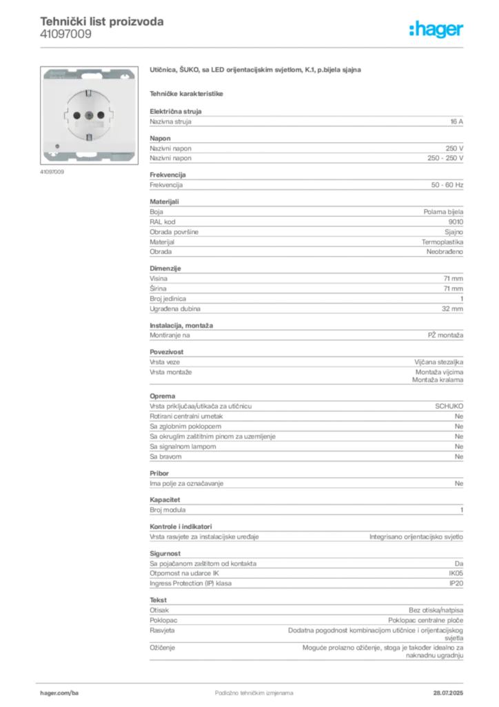 Slika Hager Product data sheet 41097009  | Hager