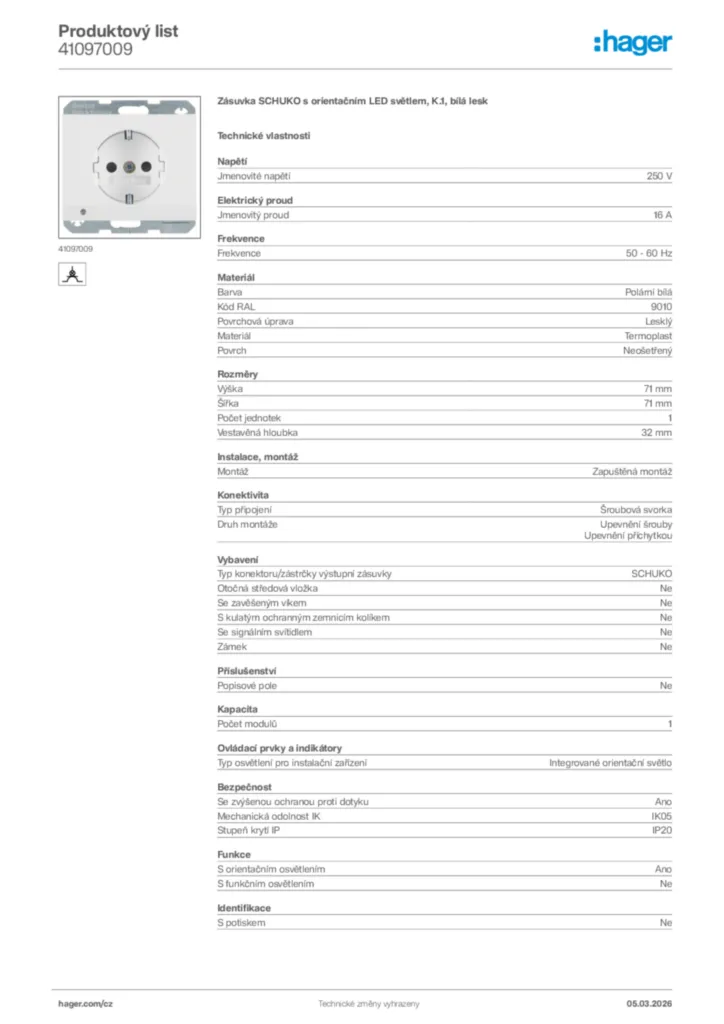 Obrázek Hager Product data sheet 41097009 | Hager