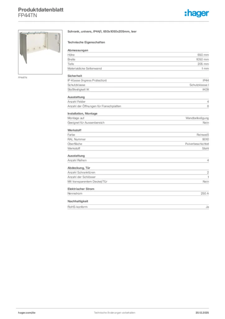 Bild Hager Produktdatenblatt FP44TN | Hager Deutschland