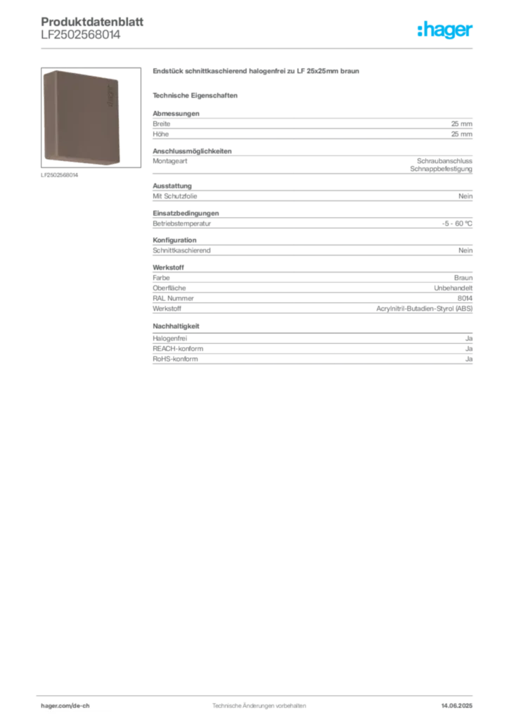 Bild Hager Produktdatenblatt LF2502568014 | Hager Schweiz