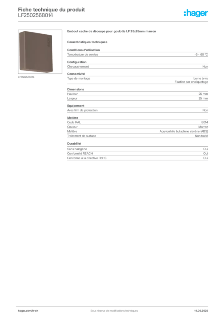 Image Hager Fiche technique du produit LF2502568014 | Hager Suisse