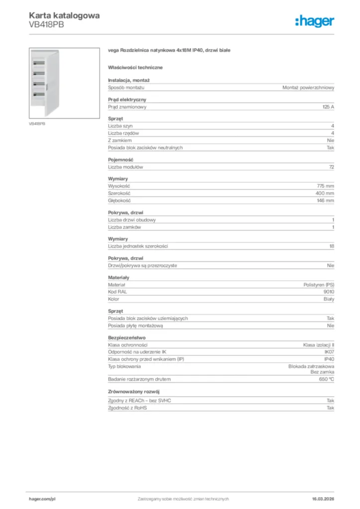 Zdjęcie Hager Karta katalogowa VB418PB | Hager Polska