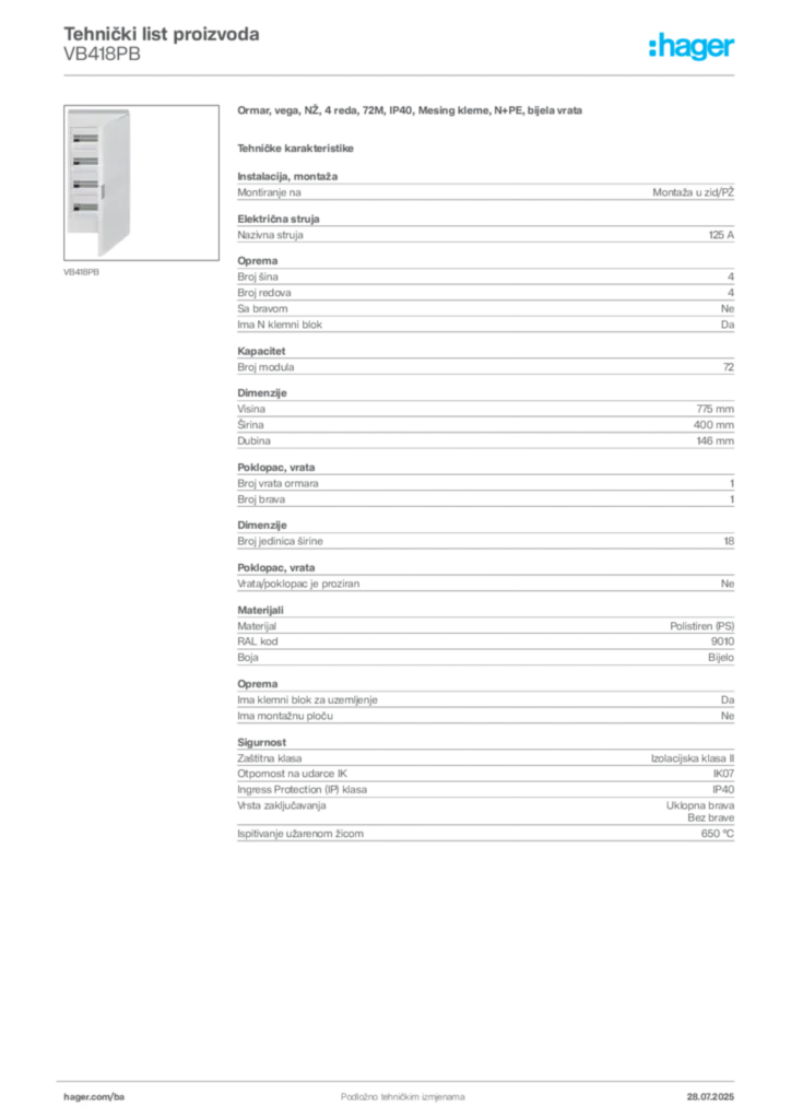 Slika Hager Product data sheet VB418PB  | Hager