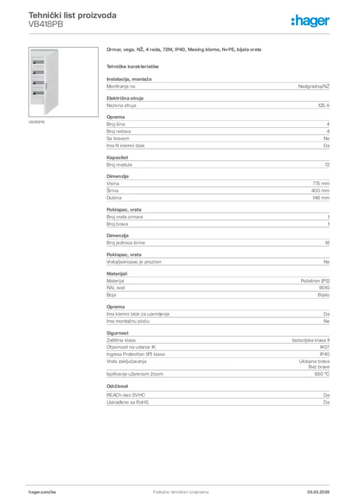 Slika Hager Tehnički list proizvoda VB418PB  | Hager
