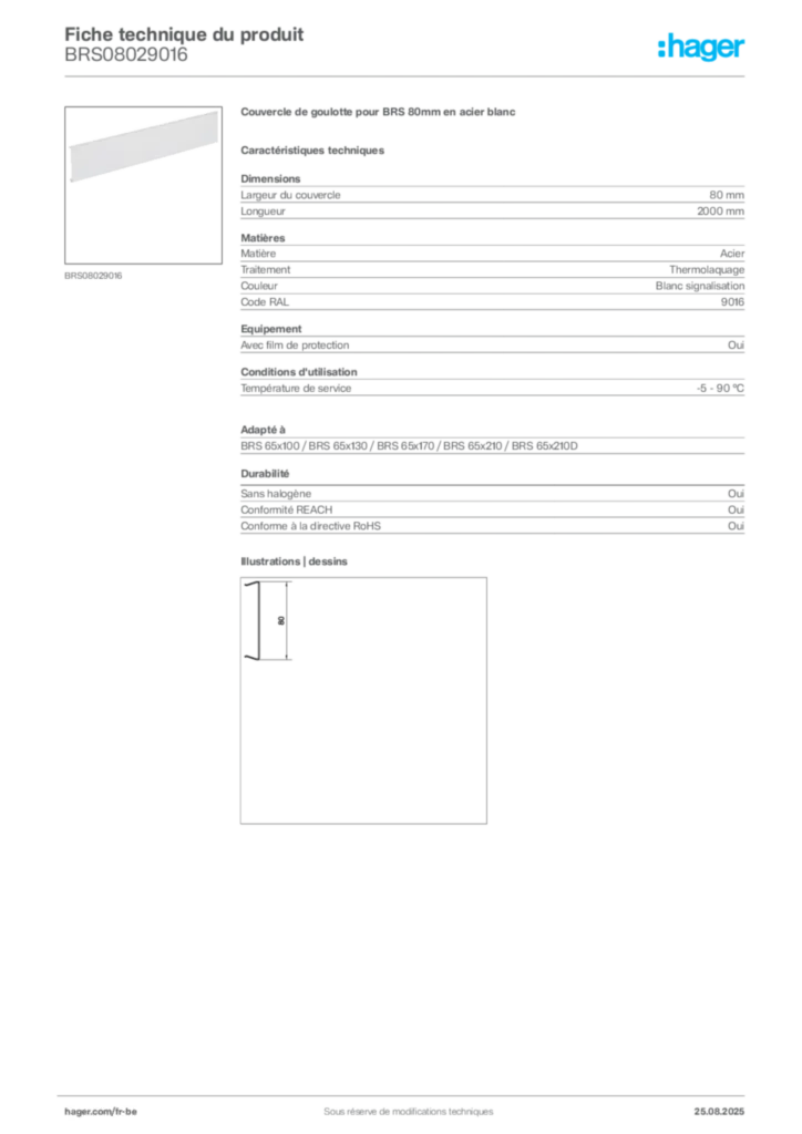 Image Hager Fiche technique du produit BRS08029016 | Hager Belgique