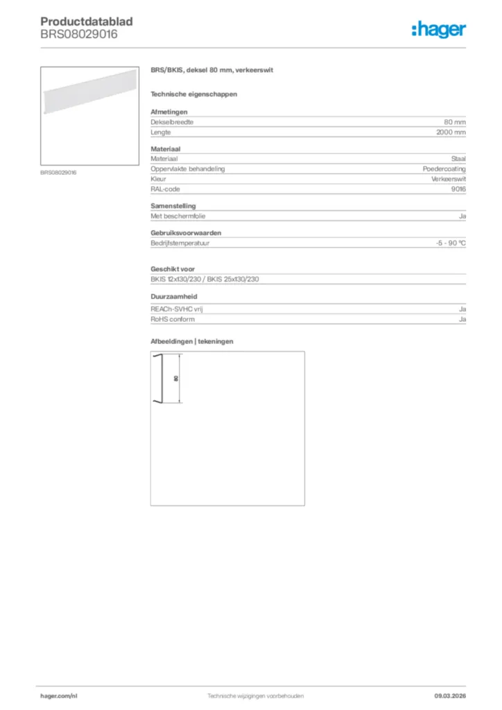 Afbeelding Hager Productdatablad BRS08029016 | Hager Nederland