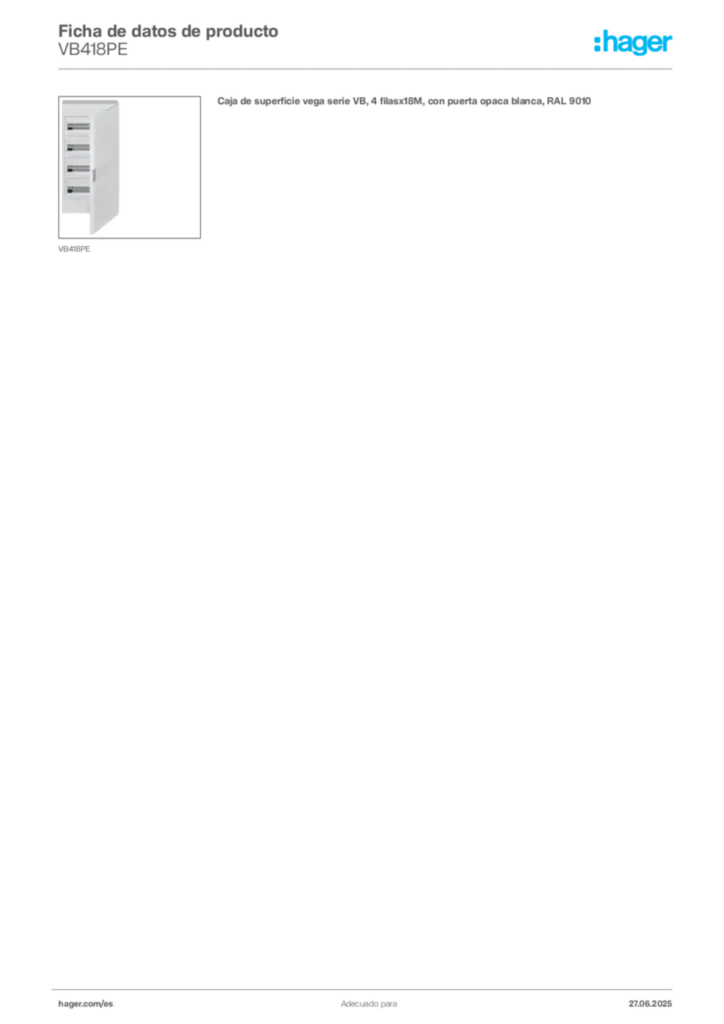 Imagen Hager Ficha de datos de producto VB418PE | Hager España