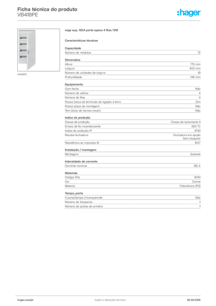 Imagem Hager Ficha técnica do produto VB418PE | Hager Portugal