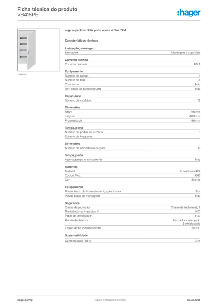 Imagem Hager Ficha técnica do produto VB418PE | Hager Portugal