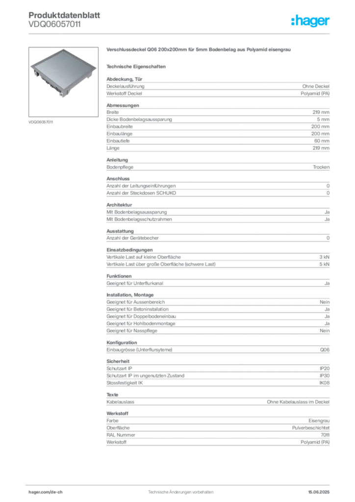 Bild Hager Produktdatenblatt VDQ06057011 | Hager Schweiz