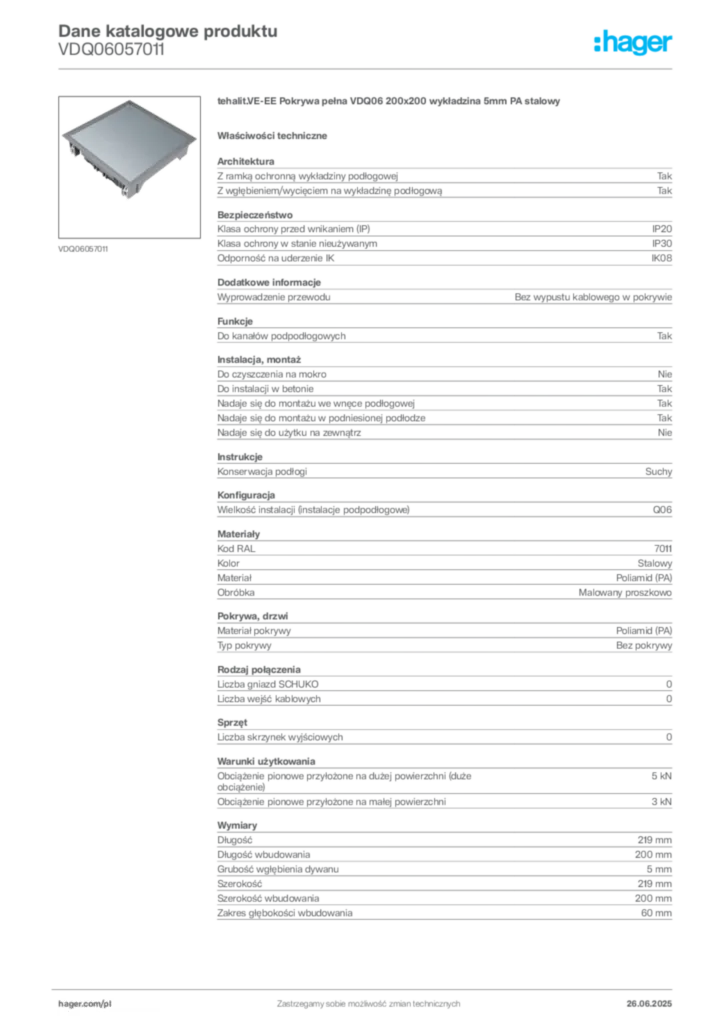 Zdjęcie Hager Karta katalogowa VDQ06057011 | Hager Polska