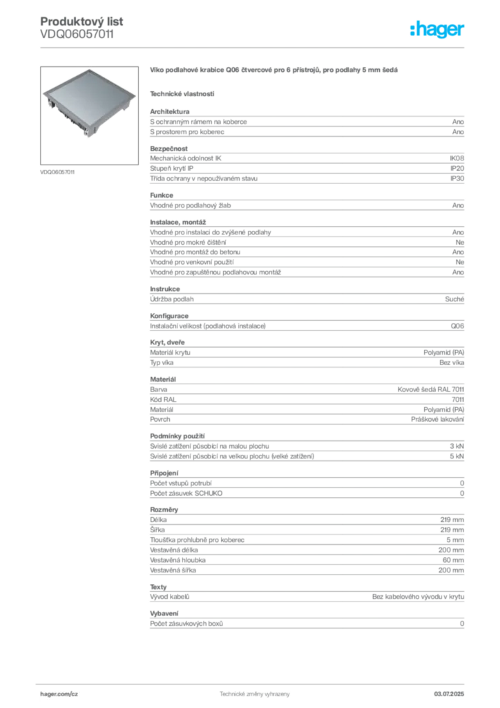 Obrázek Hager Produktový list VDQ06057011 | Hager