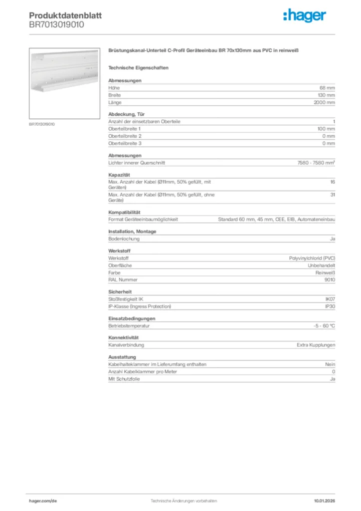 Bild Hager Produktdatenblatt BR7013019010 | Hager Deutschland