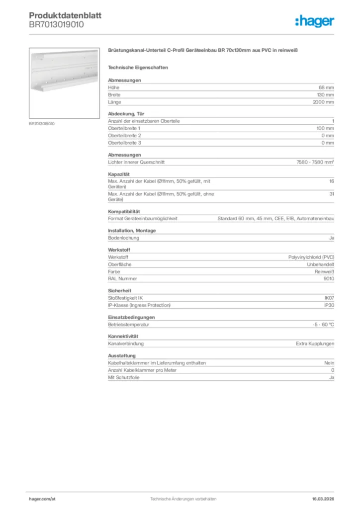 Bild Hager Produktdatenblatt BR7013019010 | Hager Deutschland