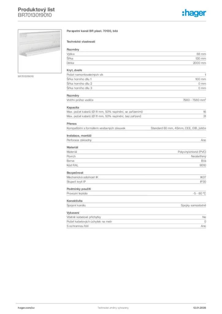 Obrázek Hager Product data sheet BR7013019010 | Hager