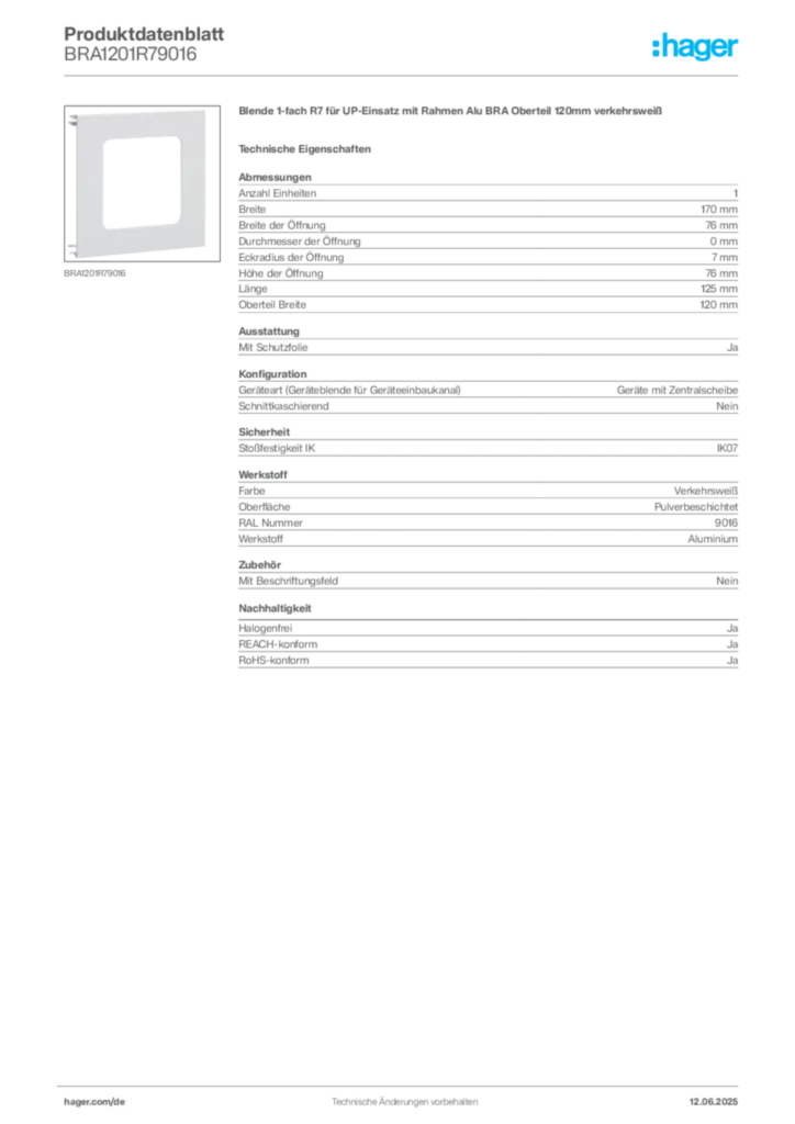 Hager Produktdatenblatt BRA1201R79016