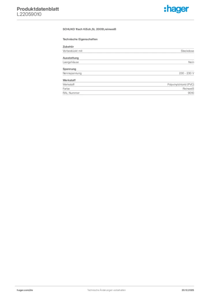 Bild Hager Produktdatenblatt L22059010 | Hager Deutschland