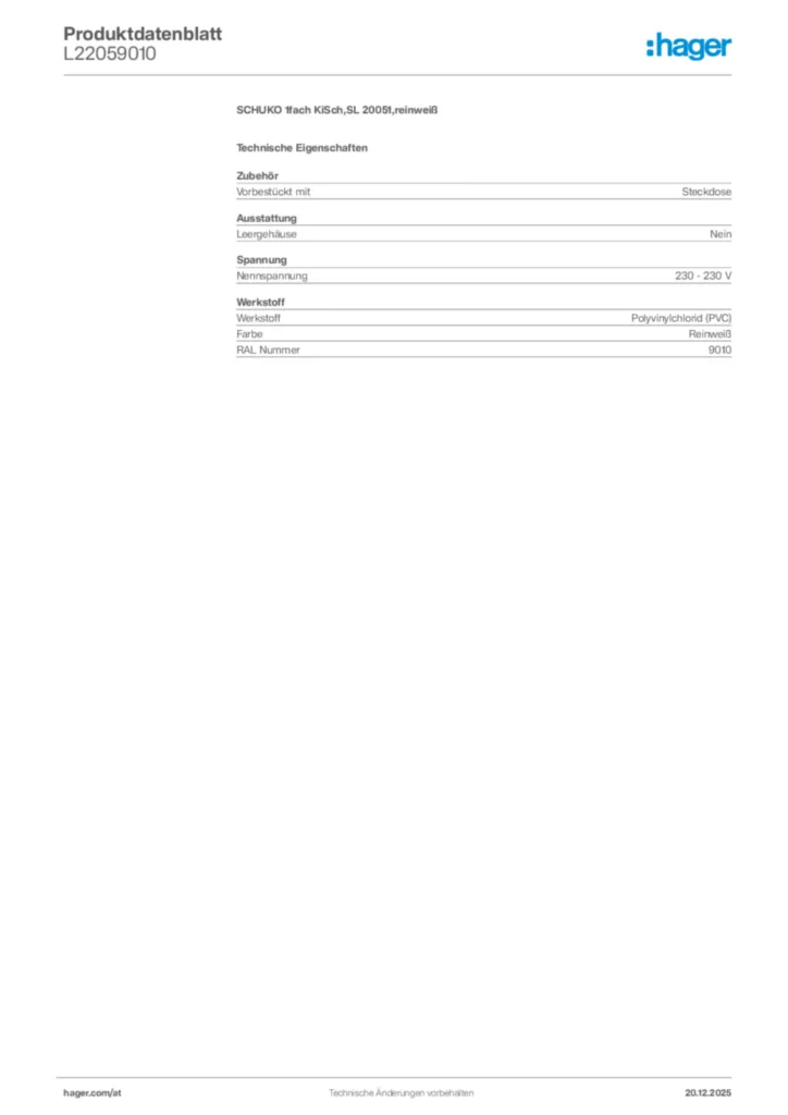 Bild Hager Produktdatenblatt L22059010 | Hager Deutschland