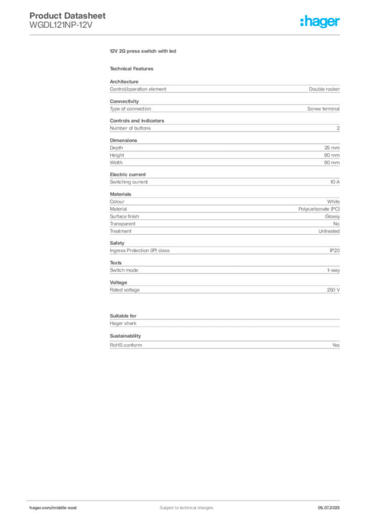 Image Hager Product data sheet WGDL121NP-12V  | Hager
