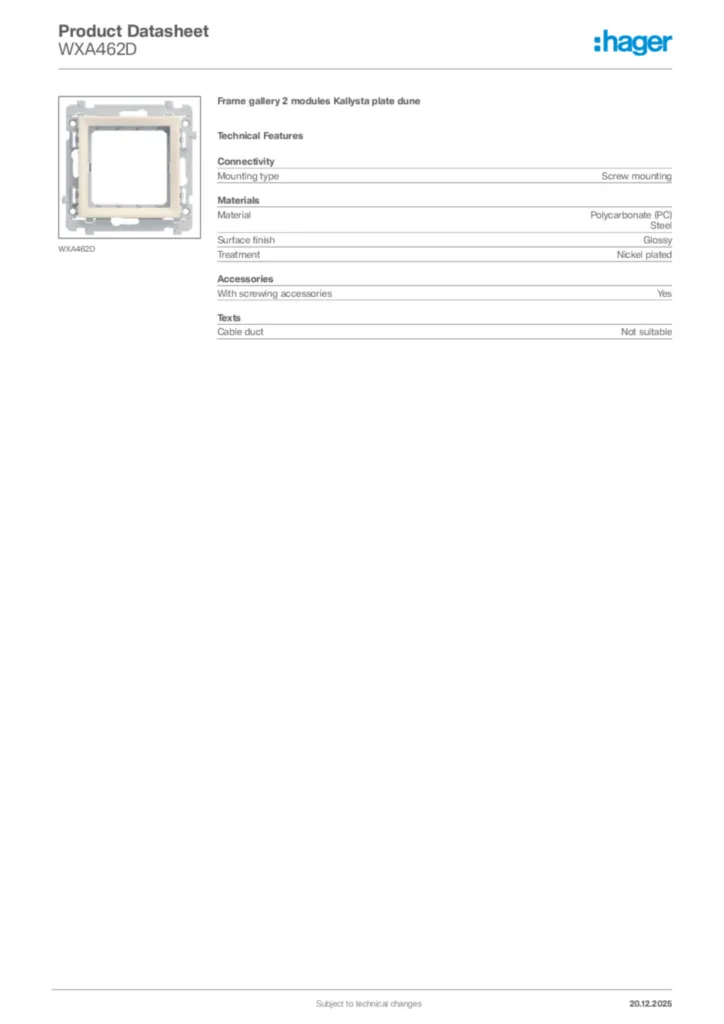 Image Hager Product data sheet WXA462D  | Hager Africa